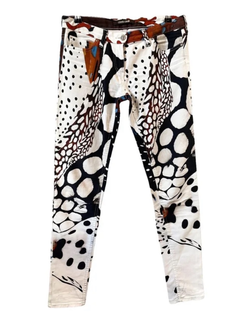 Vintage Roberto Cavalli Slim Jeans White Pants with Black and Brown Animal Print